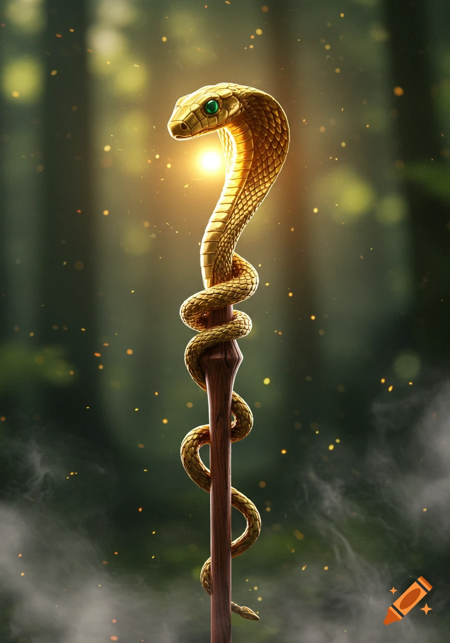 A golden snake with emerald eyes coiled around a wooden staff, glowing in a mystical forest setting.