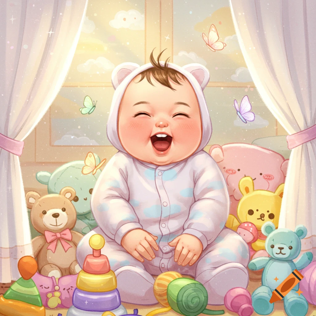 A joyful, laughing baby in a white bear-eared romper sits among colorful toys by a sunlit window in a cheerful illustration.