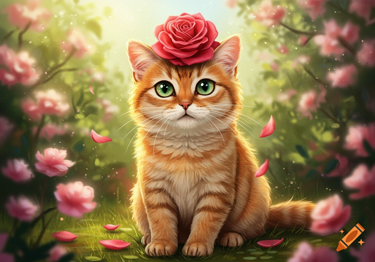 A cute fluffy ginger cat with big green eyes and a red rose on its head, sitting in a whimsical garden with pink flowers and rose petals.