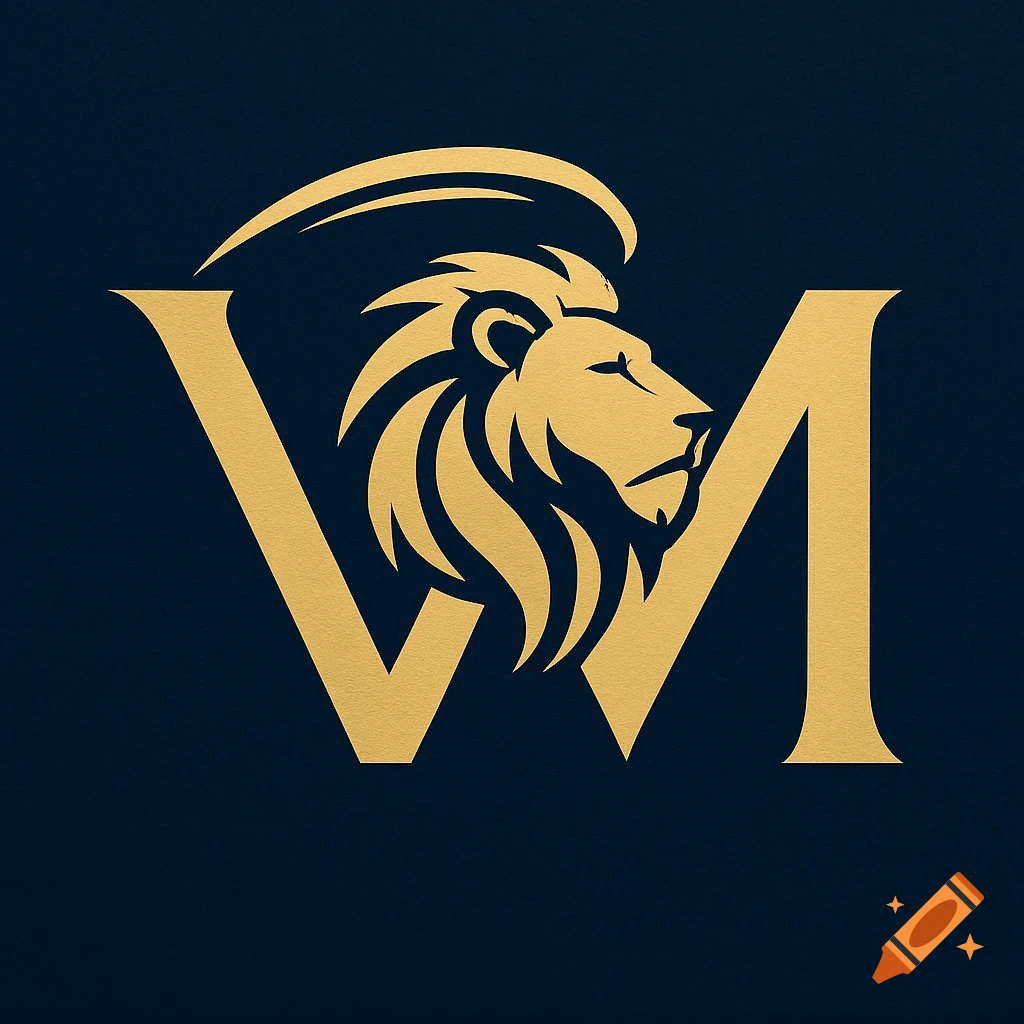 Gold logo of a lion's head combined with the letters V and M on a dark blue background.