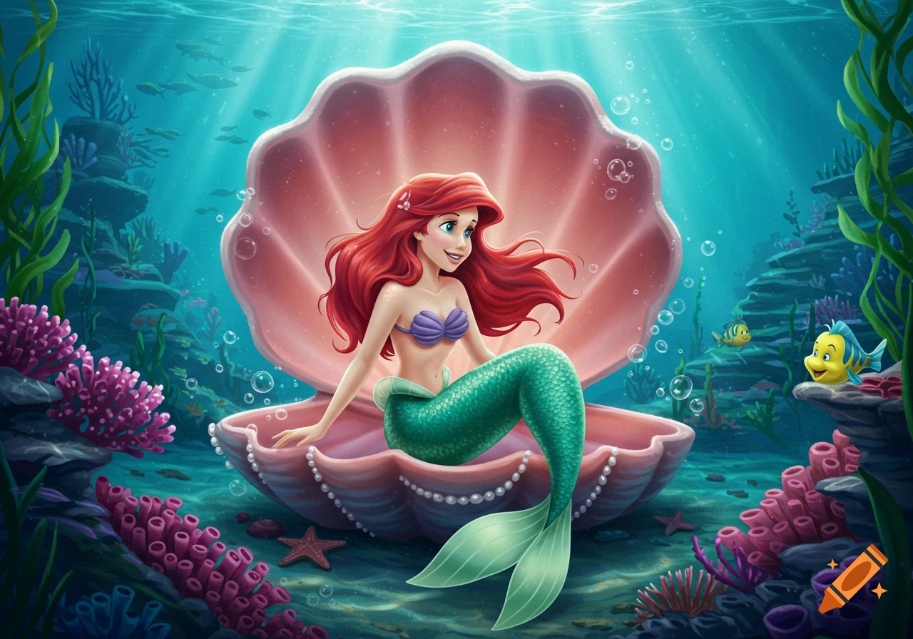 Ariel, a cartoon mermaid with red hair and a green tail, sits in a large pink clamshell on the ocean floor, with Flounder nearby.