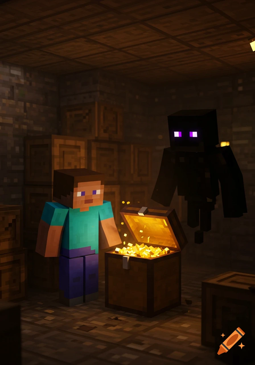 Minecraft's Steve looks into a glowing treasure chest while an Enderman hovers nearby in a dark storage room.