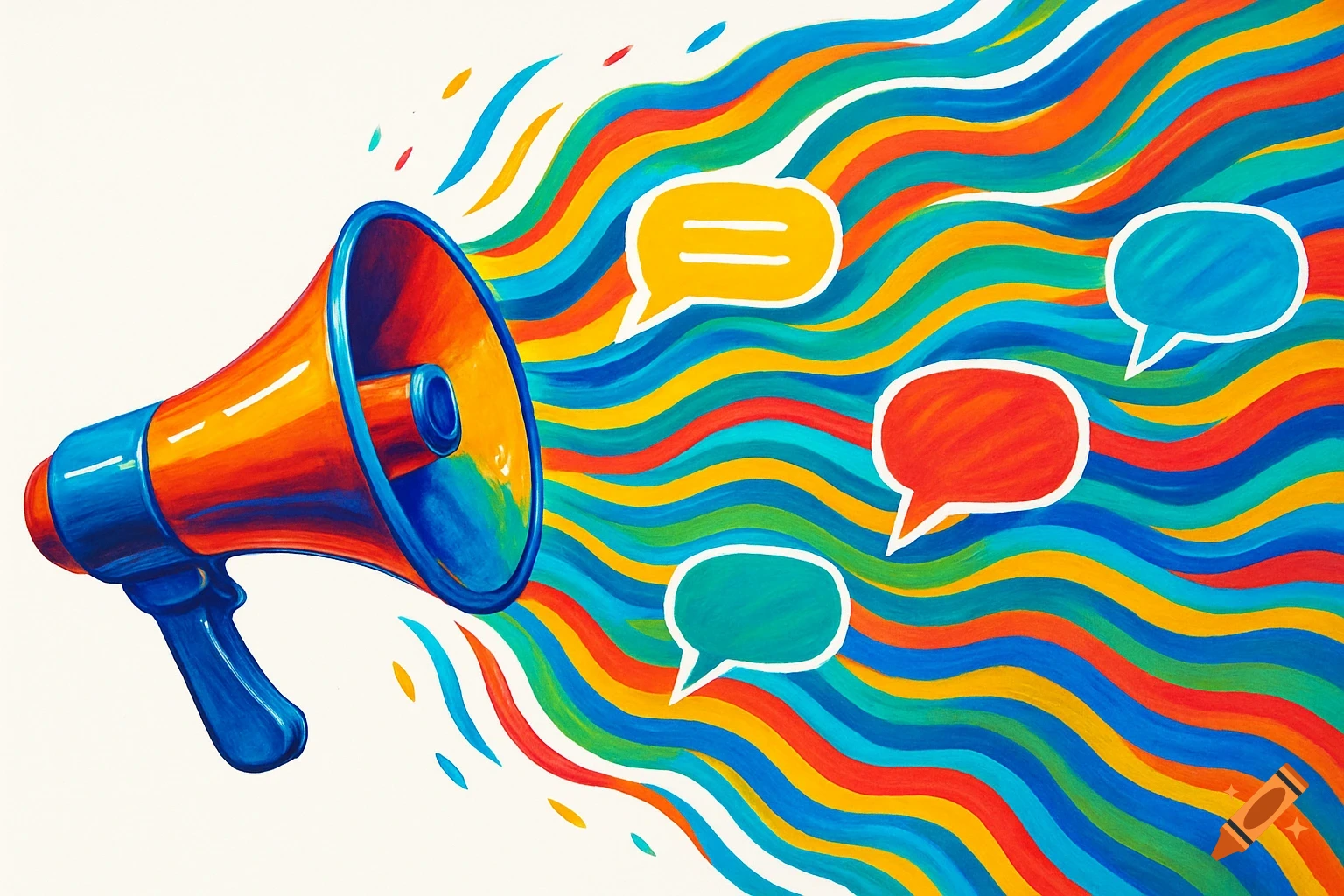 A vibrant illustration of a megaphone broadcasting colorful wavy lines and blank speech bubbles.