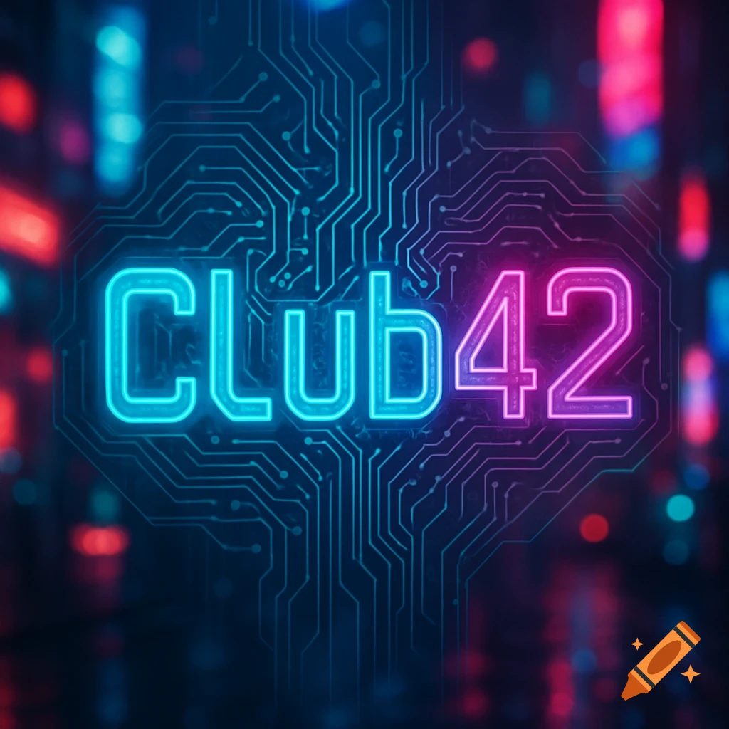 Neon blue and pink "Club42" logo on a circuit board background with blurred city lights.