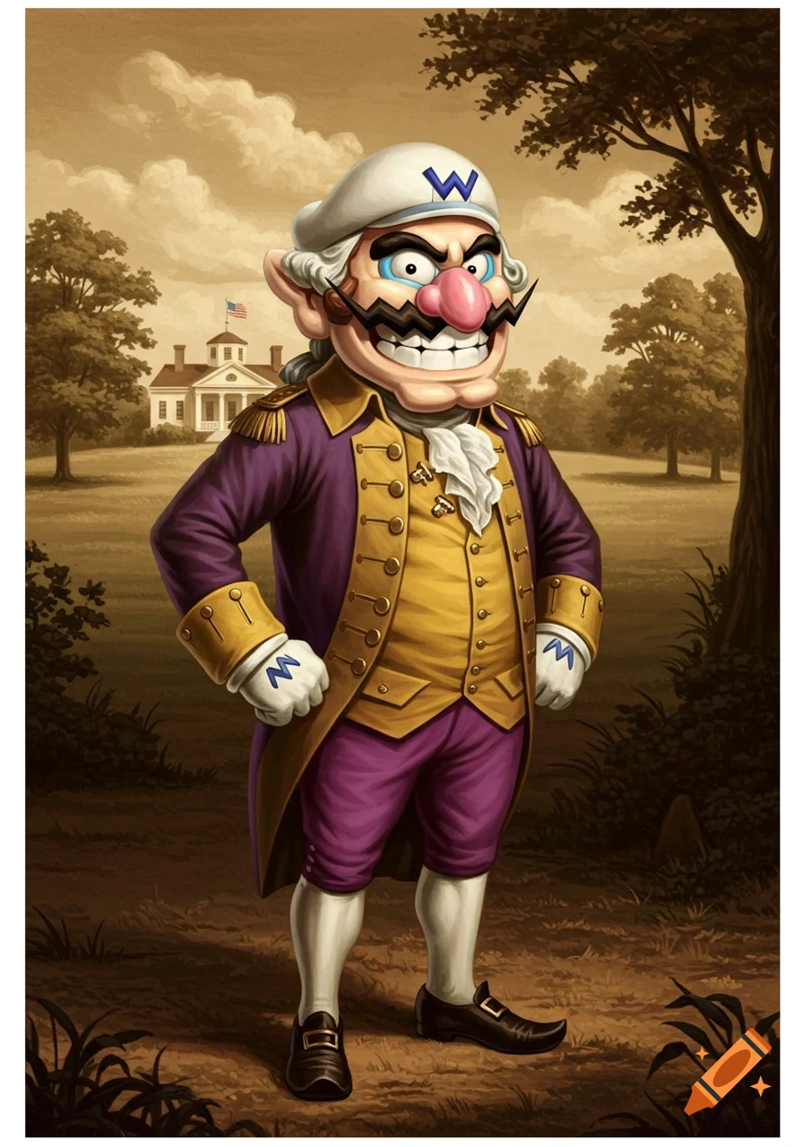 Cartoon Wario as George Washington, with a powdered wig and colonial attire, stands in a sepia-toned landscape before a mansion.