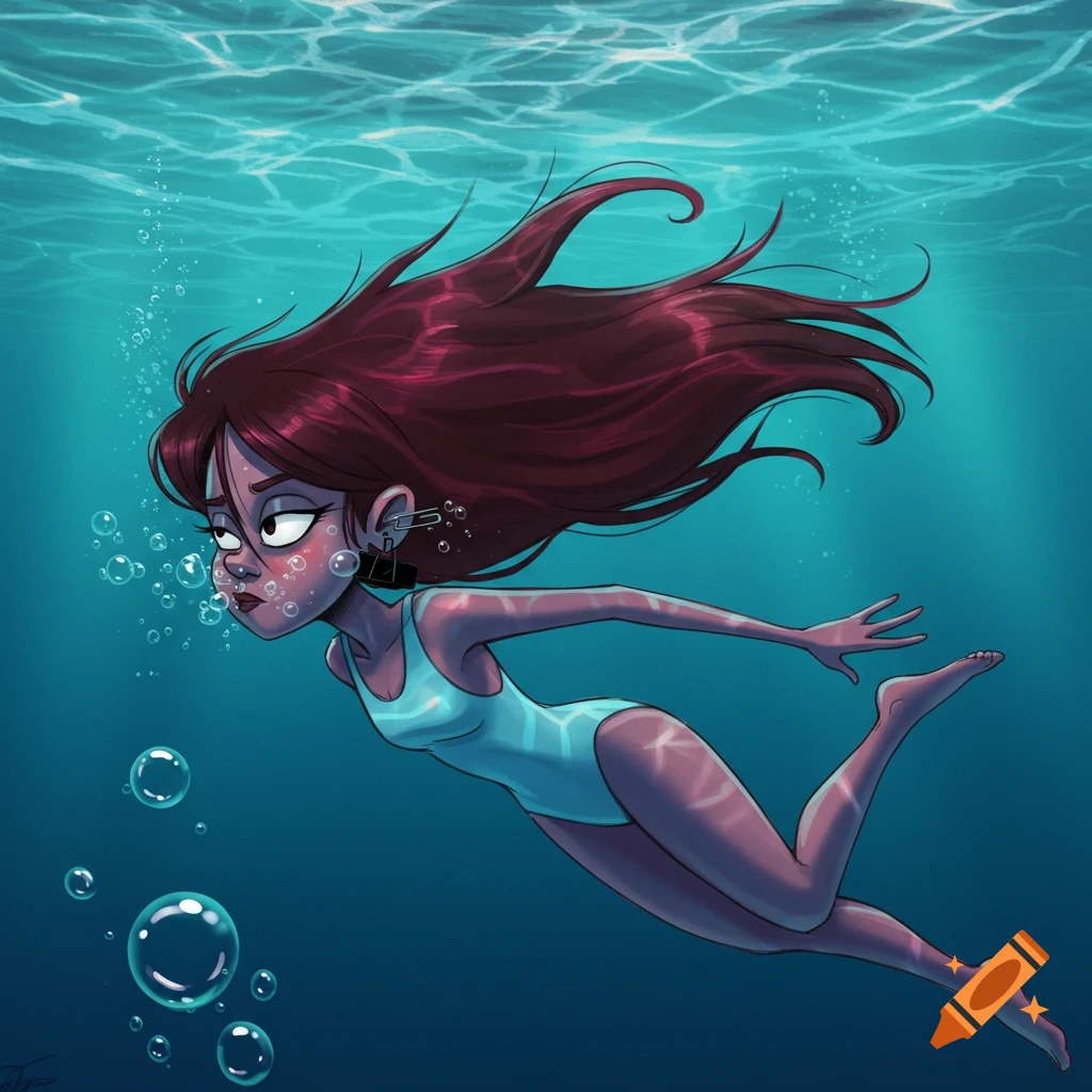 Cartoon girl with red hair and light blue swimsuit swimming underwater with bubbles.