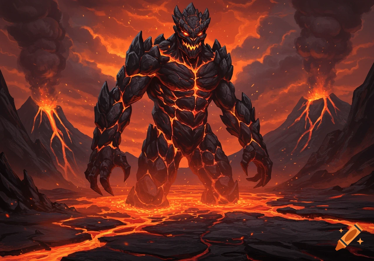 A towering, jagged black lava monster with glowing orange cracks