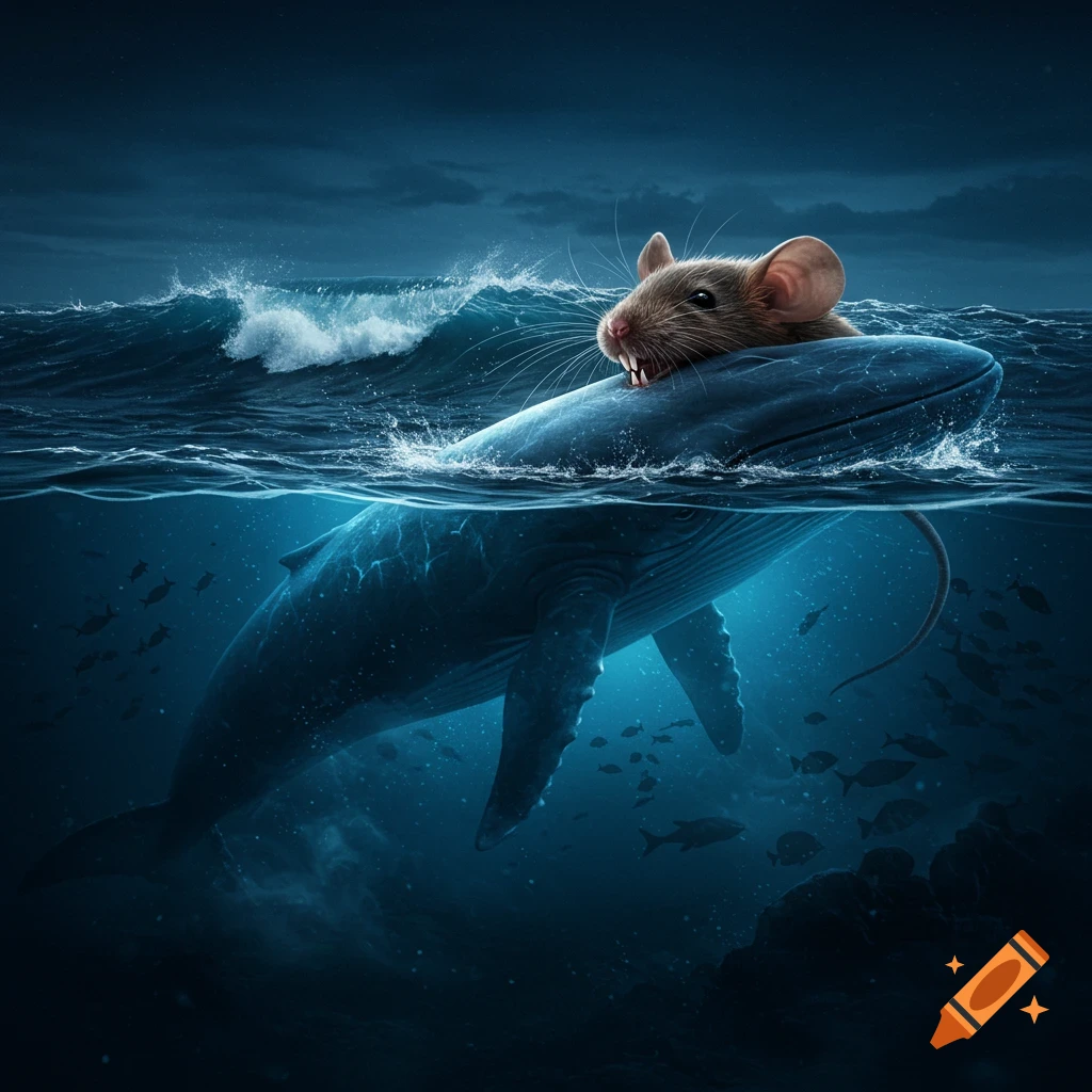 A close-up of a small, realistic mouse with prominent teeth riding on the head of a blue whale surfacing in a dark, stormy ocean.