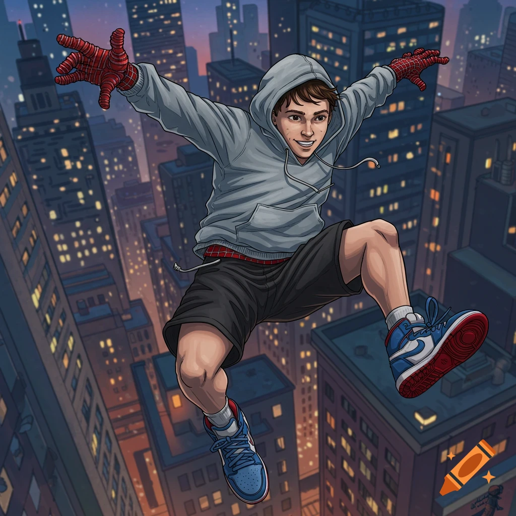 Spider-Man in a grey hoodie and shorts jumps over a city skyline at dusk in comic art style.