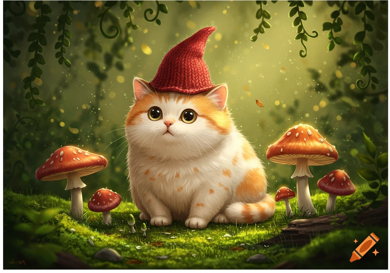 A fluffy orange and white cat wearing a red gnome hat sits in a mossy forest among toadstools and glowing particles.