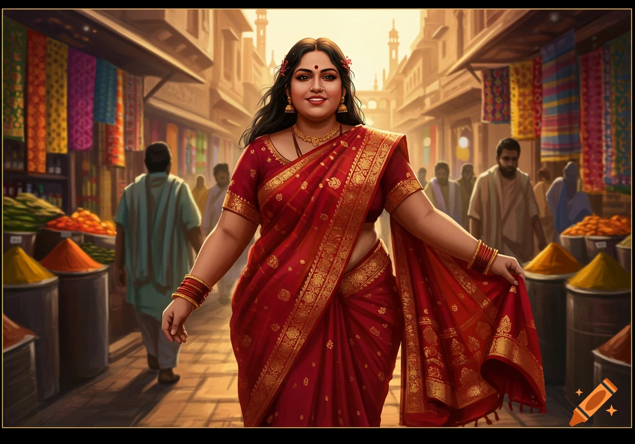 Smiling Indian woman in a red and gold saree walks through a vibrant, bustling spice market.