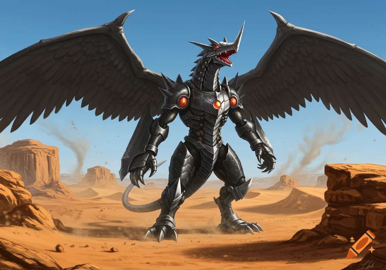 A black armored dragon creature with large wings stands in a sandy desert with rock formations under a clear blue sky.
