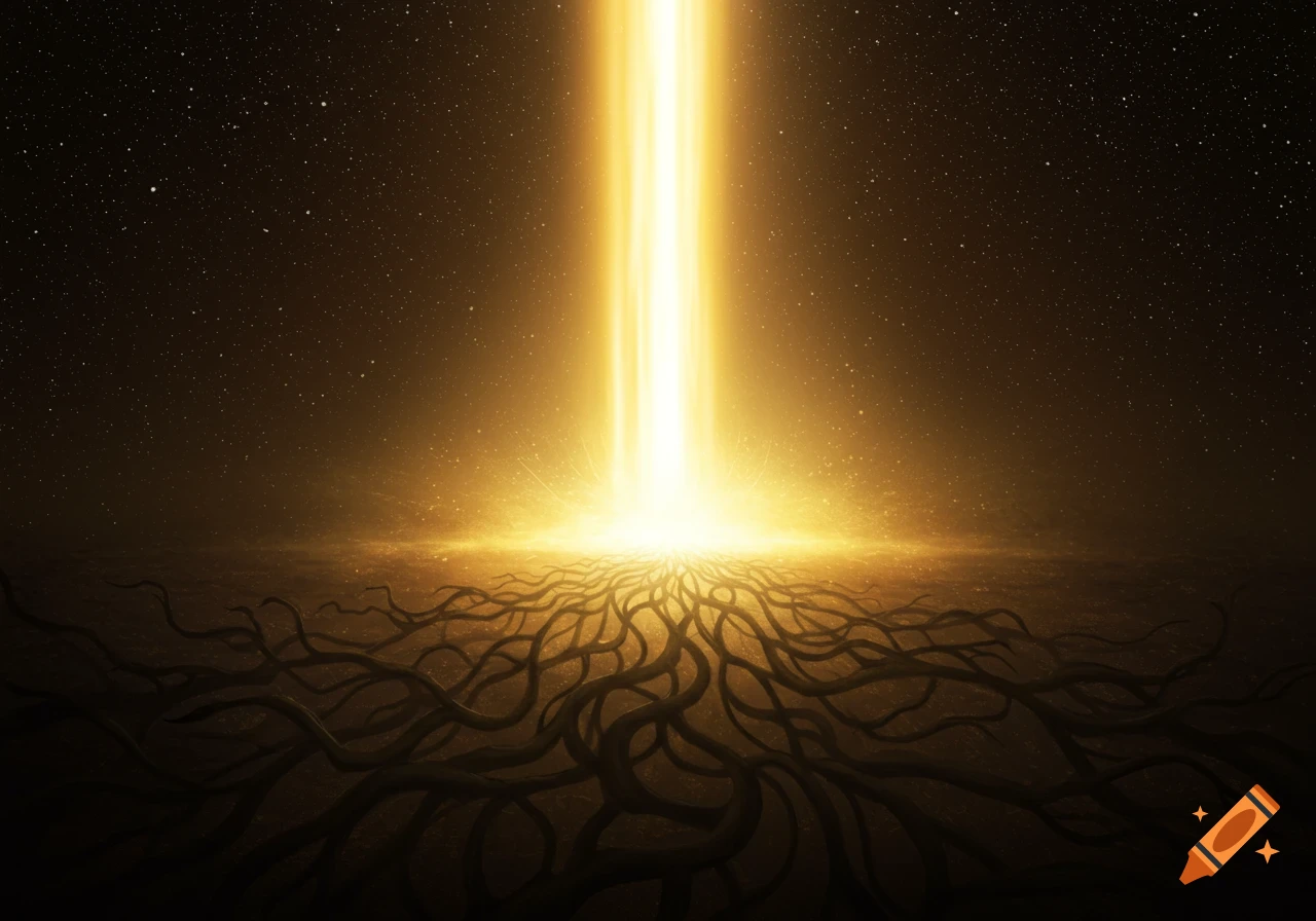 A radiant golden beam of light descends from a starry night sky onto a sprawling network of dark roots on glowing ground.