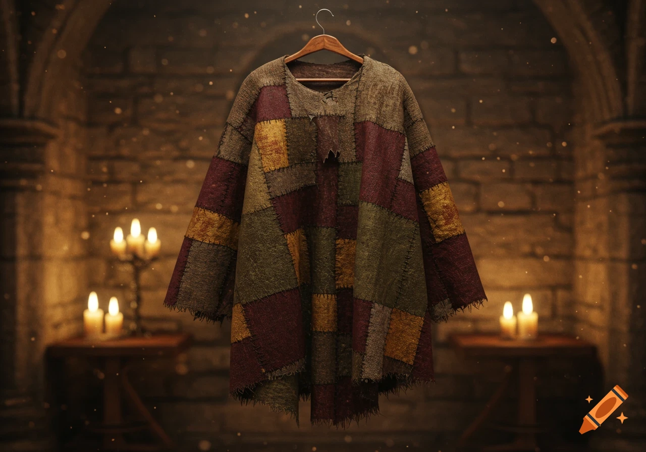 A rustic, multi-colored patched cape hangs on a hanger in a dimly lit stone-walled room with candles.