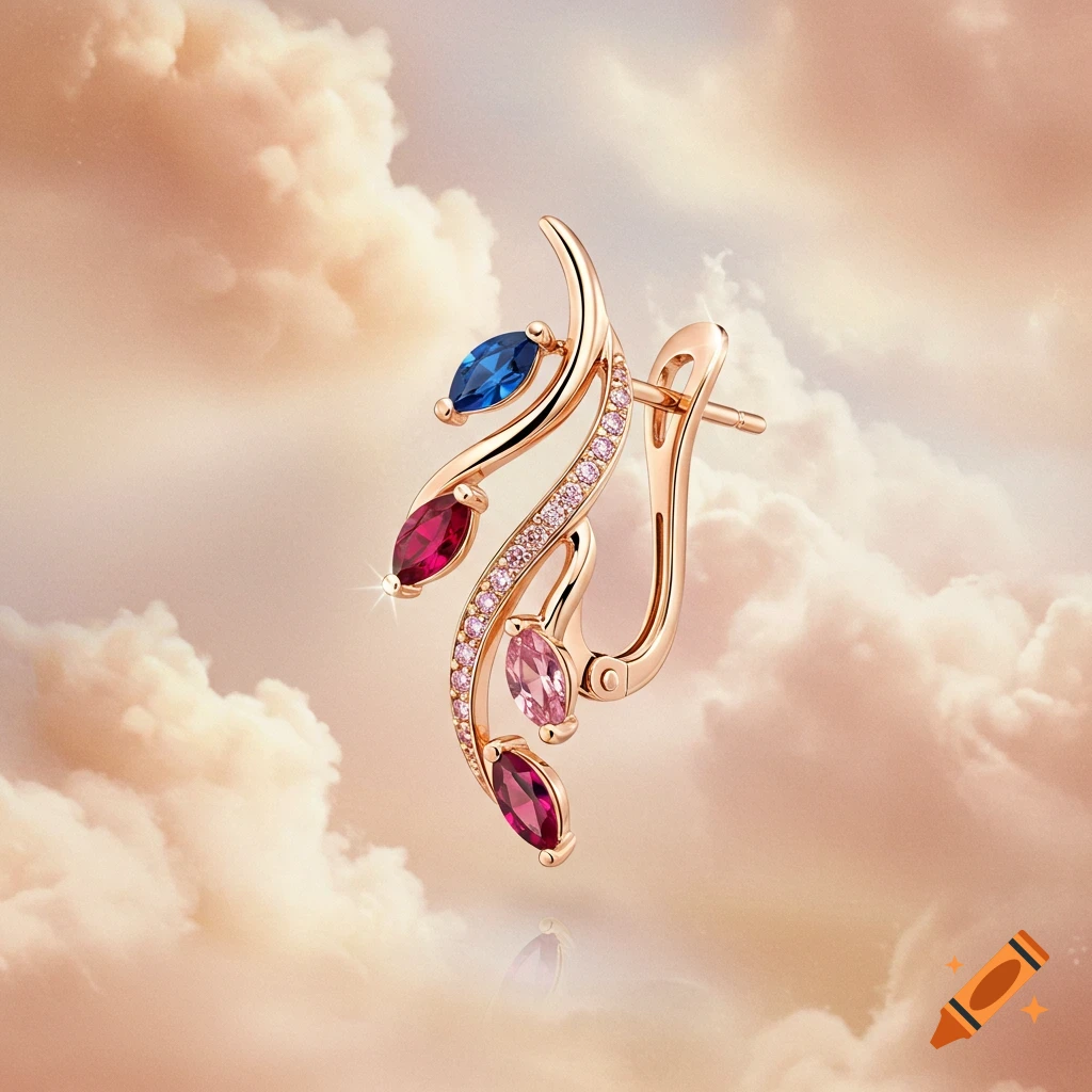 A detailed photorealistic gold leaf-shaped earring adorned with blue, pink, and red marquise-cut gems and pavé diamonds, floating against a soft, cloudy peach sky.