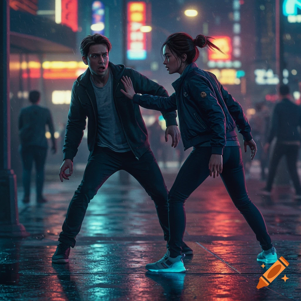 A woman pushes a man on a wet, neon-lit city street at night, with blurred figures in the background, photorealistic style.