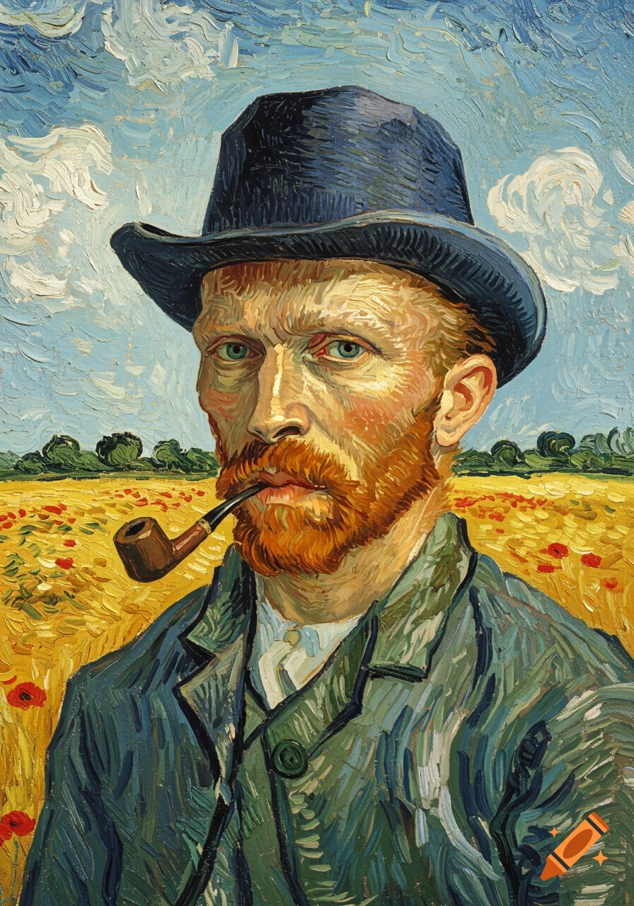 Van Gogh-style self-portrait of a man with a red beard, dark hat, and pipe, standing in a vibrant wheat field under a blue sky.