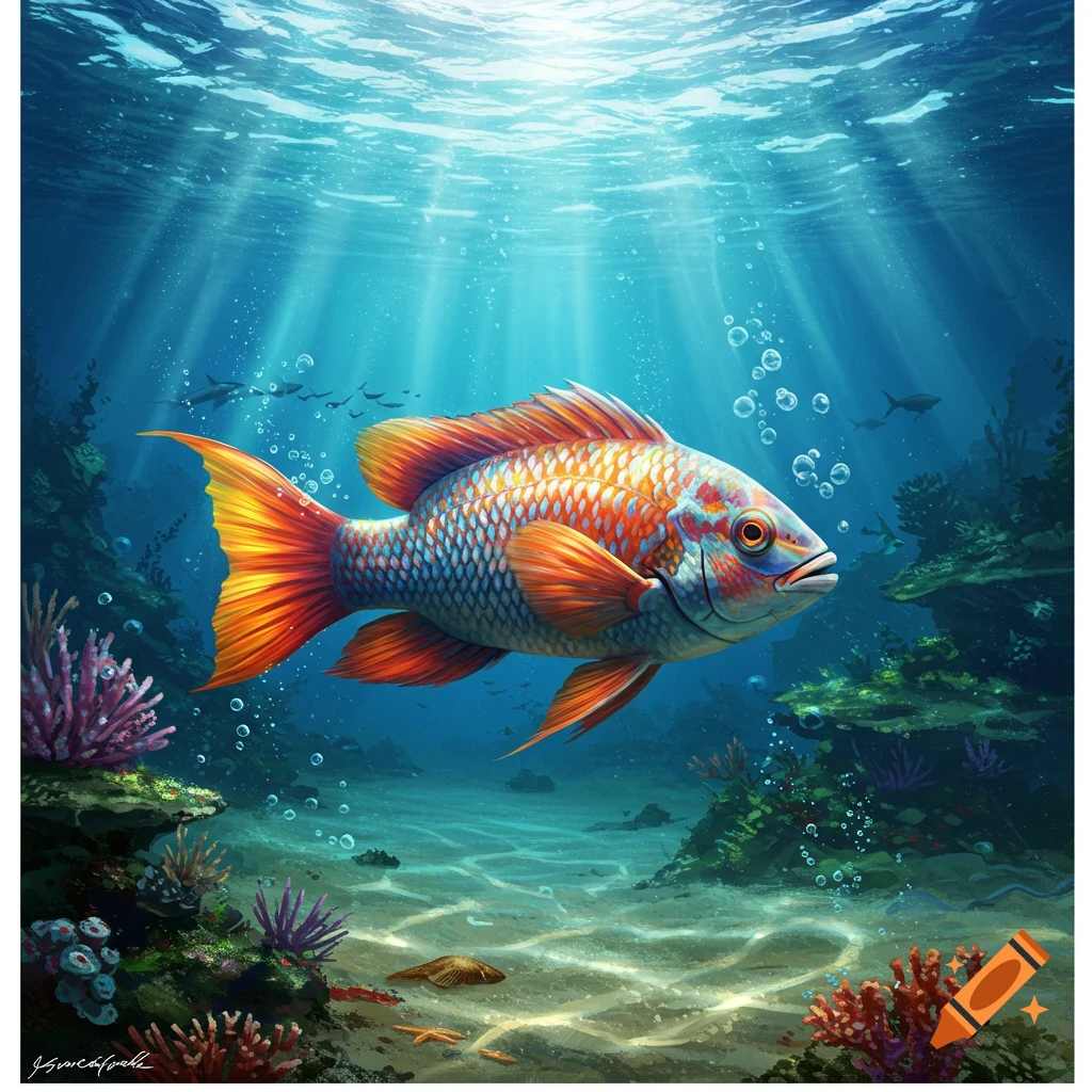 A vibrant, colorful fish with orange and blue scales swims in a sunlit coral reef with various plants and small fish in the background.