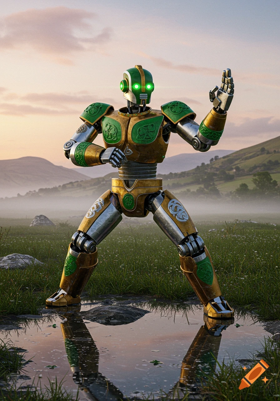 A green and gold robot with Celtic knot patterns stands in a kung fu pose in a misty green field with mountains in the background, reflected in a puddle.
