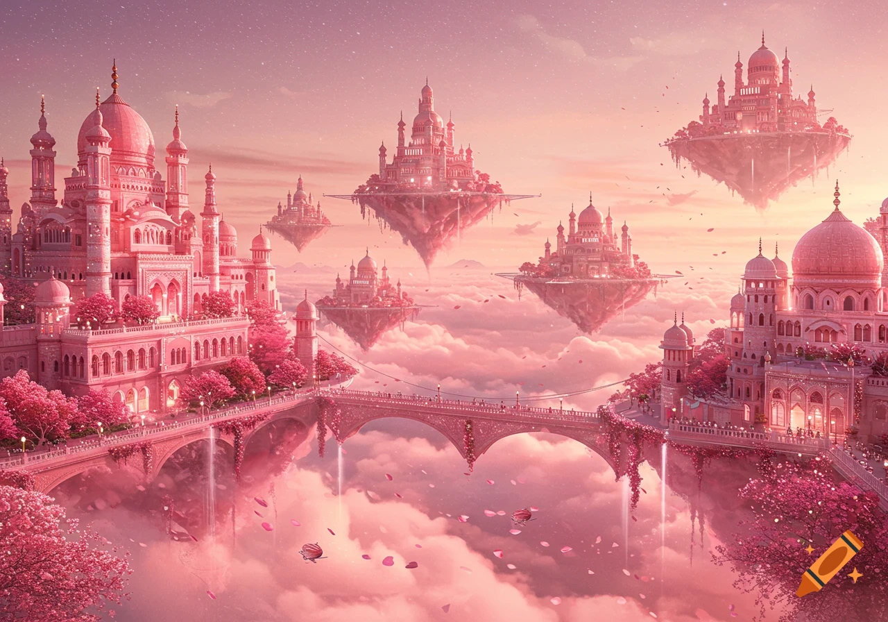 Pink fantasy castles and palaces float in a cloud-filled sky, connected by ornate bridges amidst pink cherry blossoms.