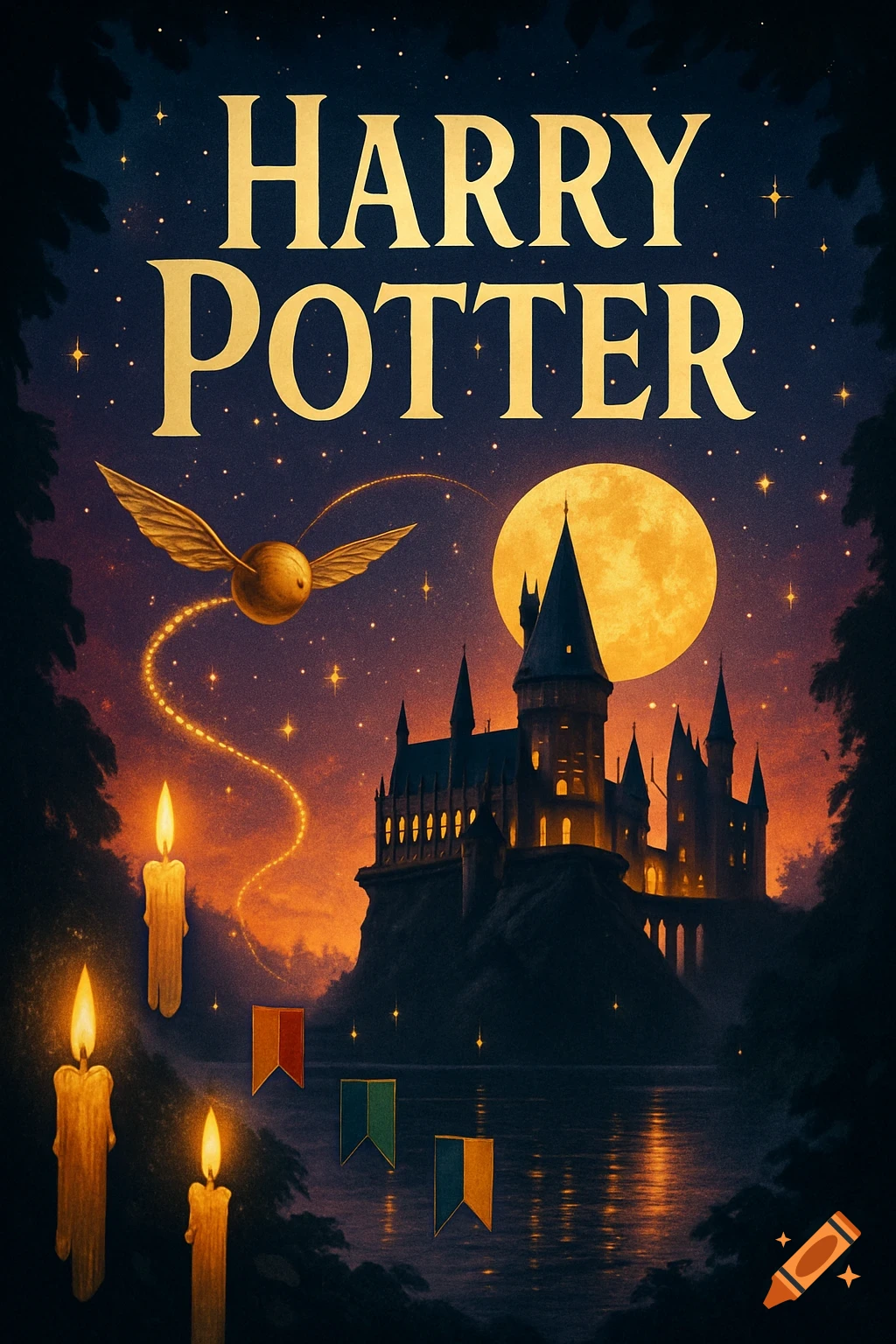 A stylized Harry Potter book cover with Hogwarts castle under a full moon, a golden snitch, and floating candles.
