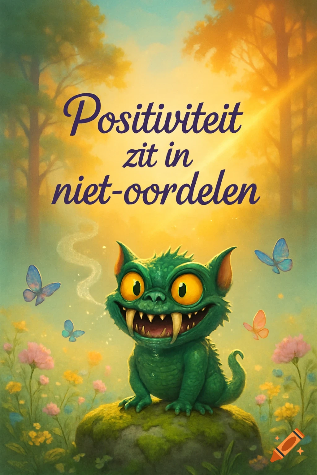 A cartoon green monster with fangs and yellow eyes sits on a rock in a sunny, flower-filled forest. Text reads 'Positiviteit zit in niet-oordelen'.