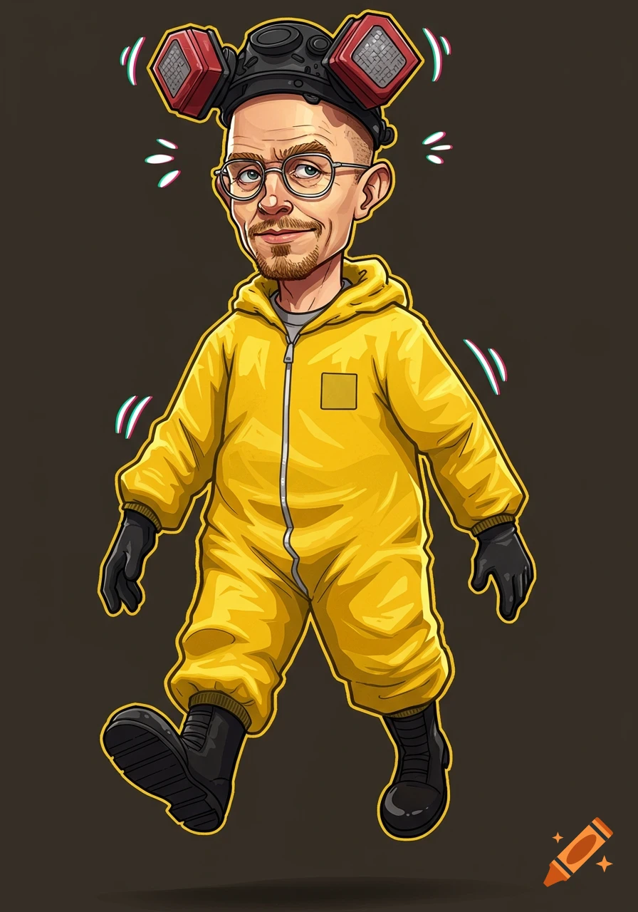 Cartoon caricature of a man resembling Walter White in a yellow hazmat suit, respirator, and black boots, walking.