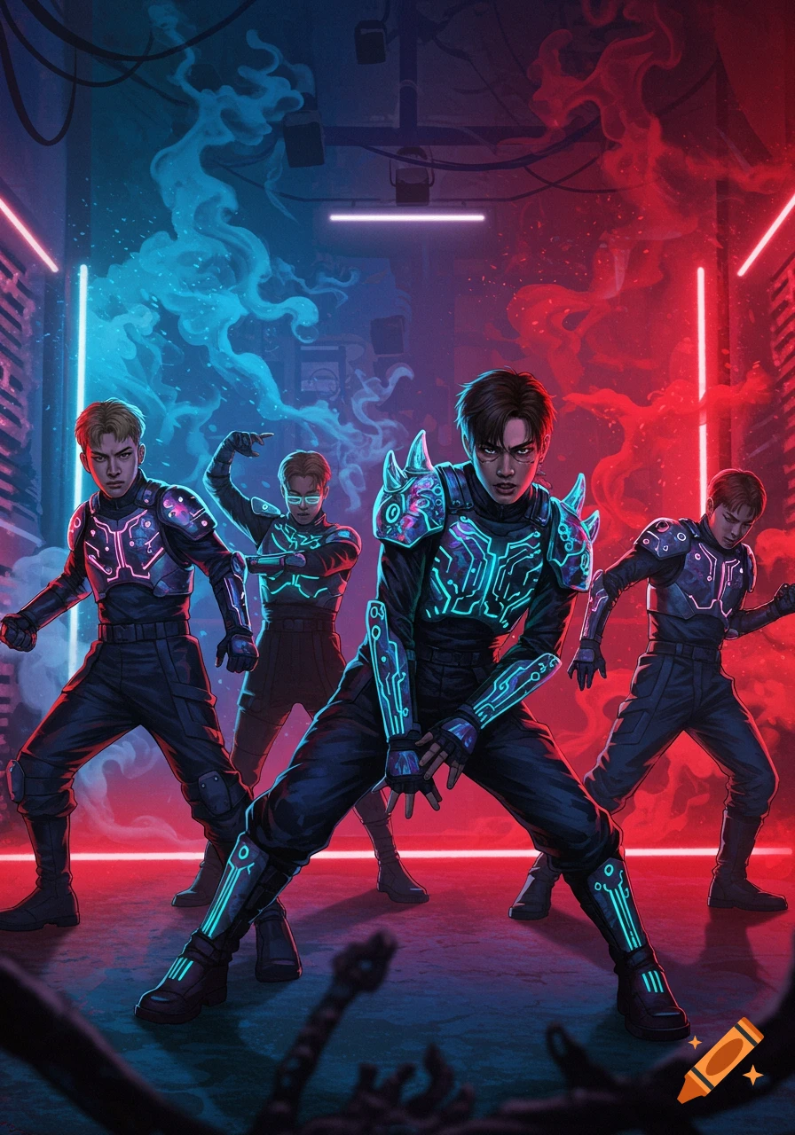 Four K-Pop style men in glowing cyberpunk suits pose dynamically against a backdrop of neon blue and red lights and smoke.