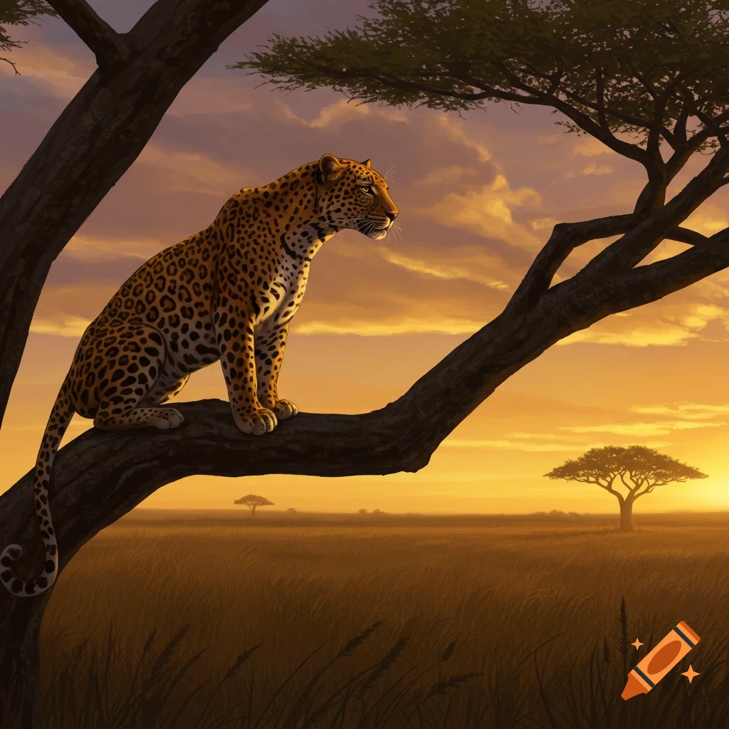 A leopard sits on a tree branch, silhouetted against an orange and yellow savanna sunset in a detailed, illustrative style.