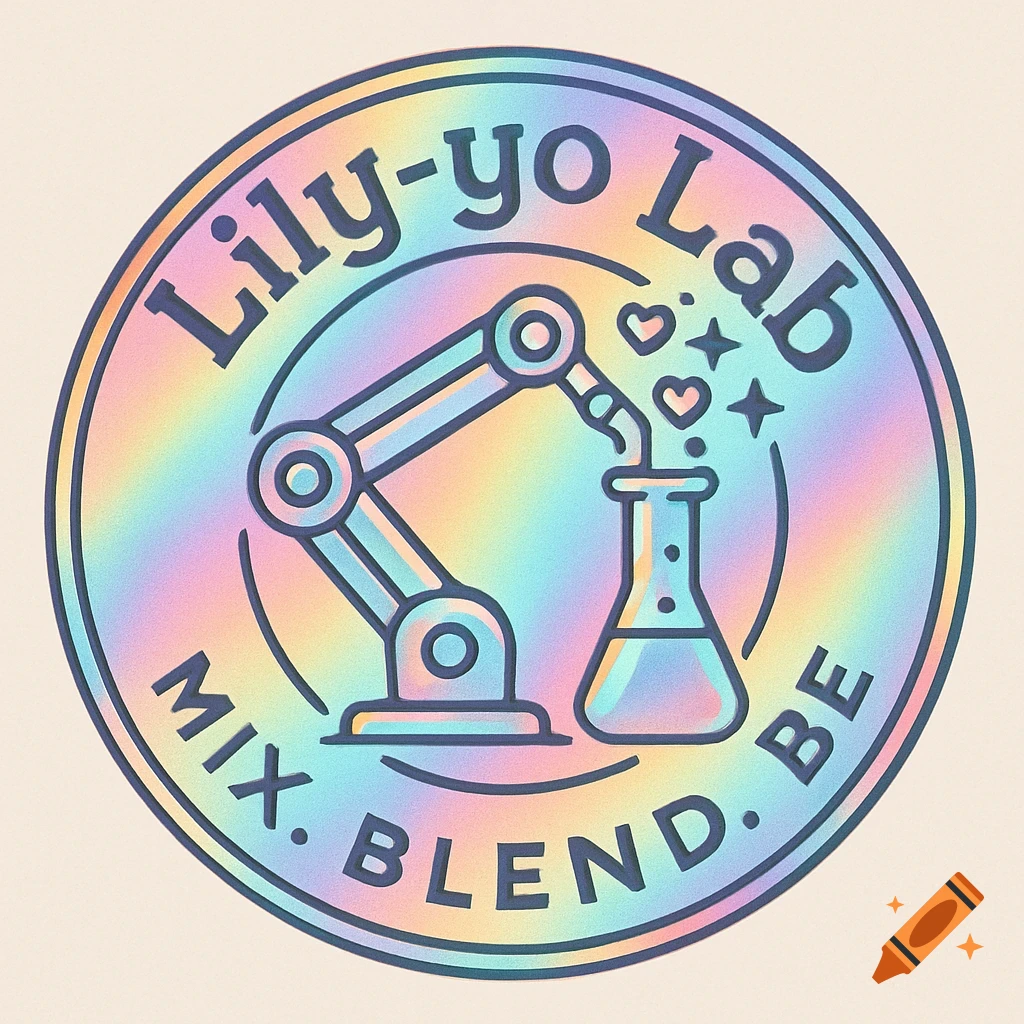 A circular retro-futuristic logo with a robotic arm pouring hearts into a test tube. Text reads "Lily-yo Lab Mix. Blend. Be" on a pastel rainbow holographic gradient background.