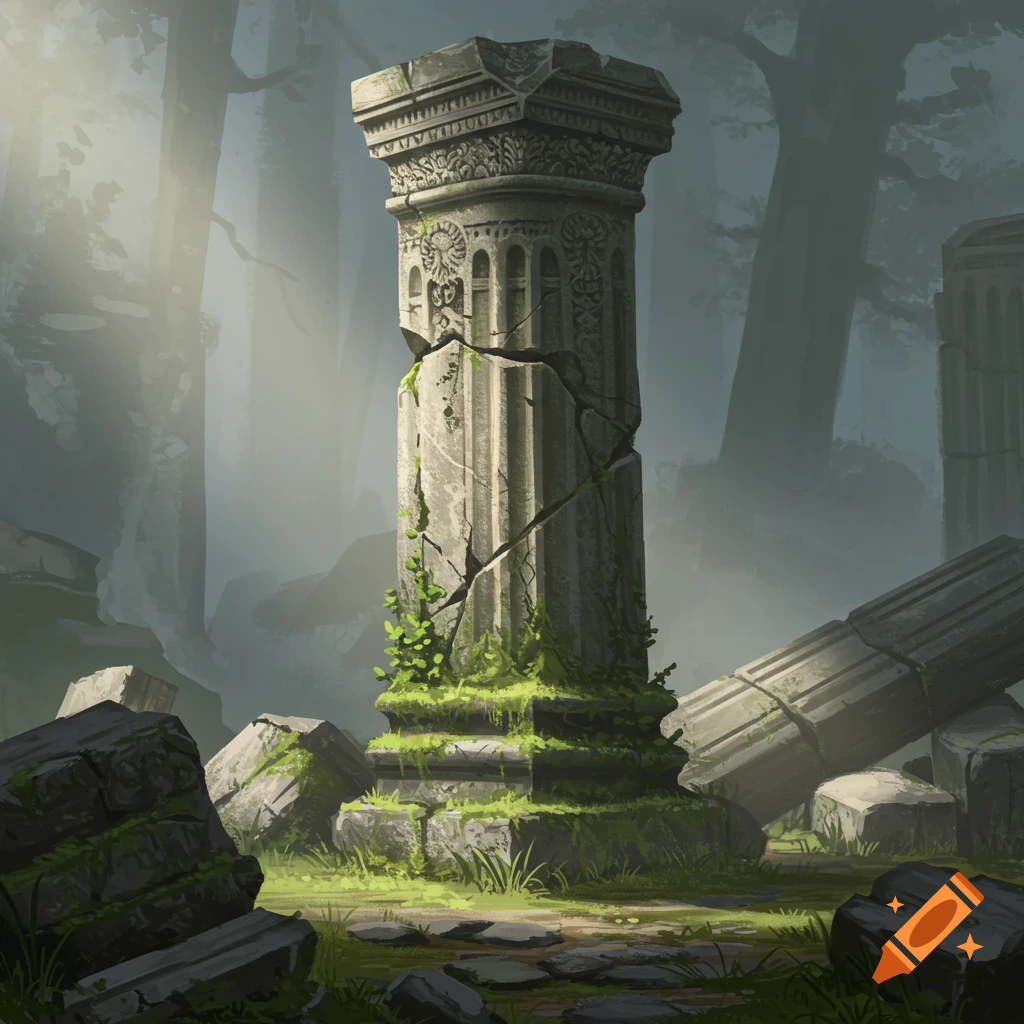 A broken, moss-covered stone pillar stands amidst other ruins in a misty, overgrown forest in an illustrative style.