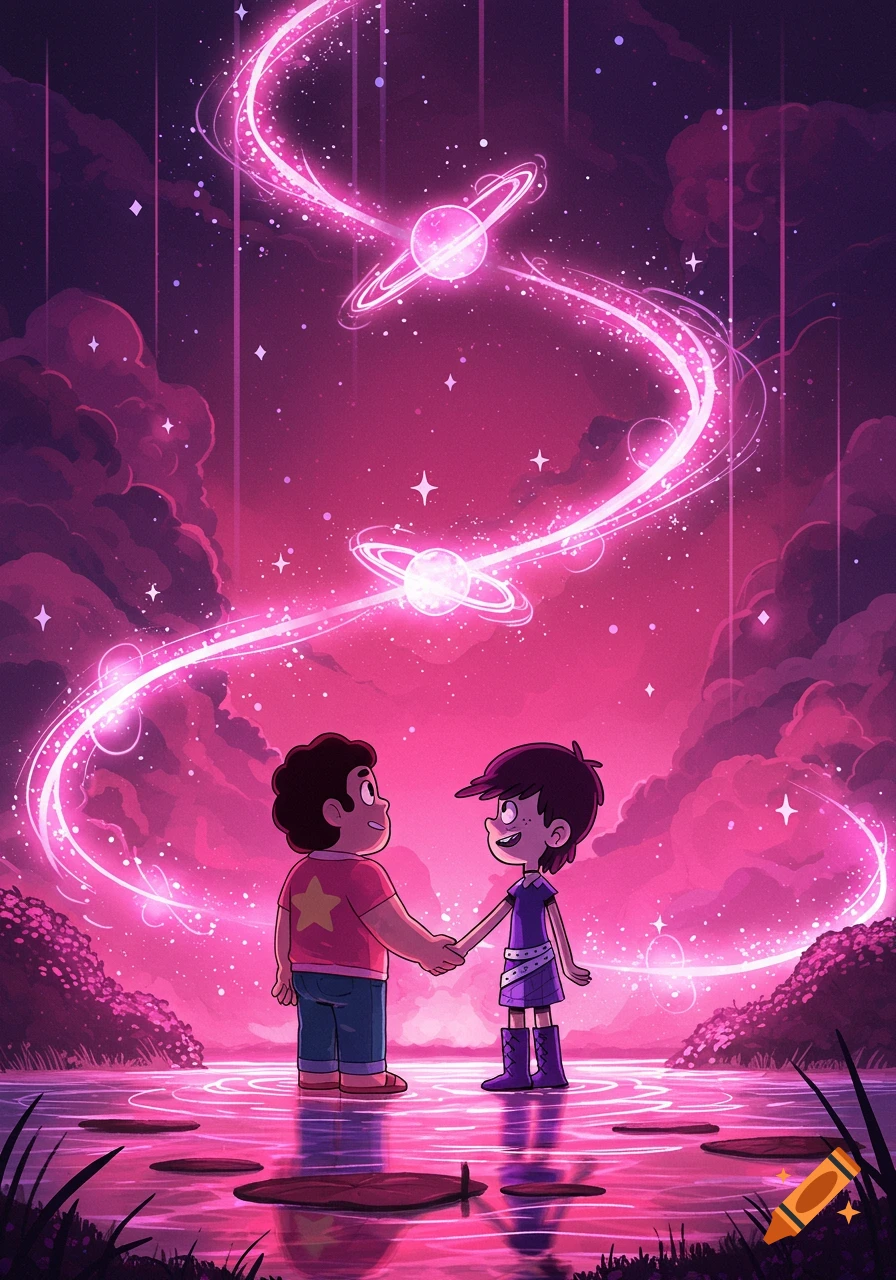 Steven Universe and Luna Loud hold hands in a glowing pink and purple mystical lake, surrounded by swirling magic and planets in a starry sky.