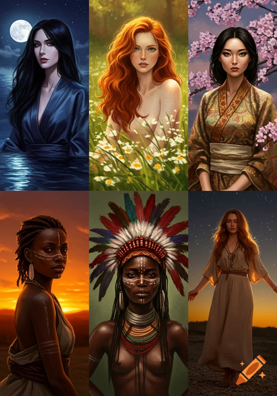 Six fantasy-style portraits of diverse women, each in unique settings like moonlight, flower fields, and sunset.