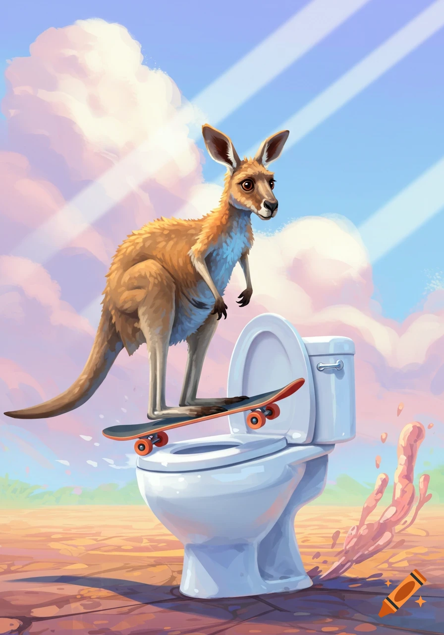 A cartoon kangaroo skateboards on a white toilet in a desert setting with a blue sky and pink clouds.