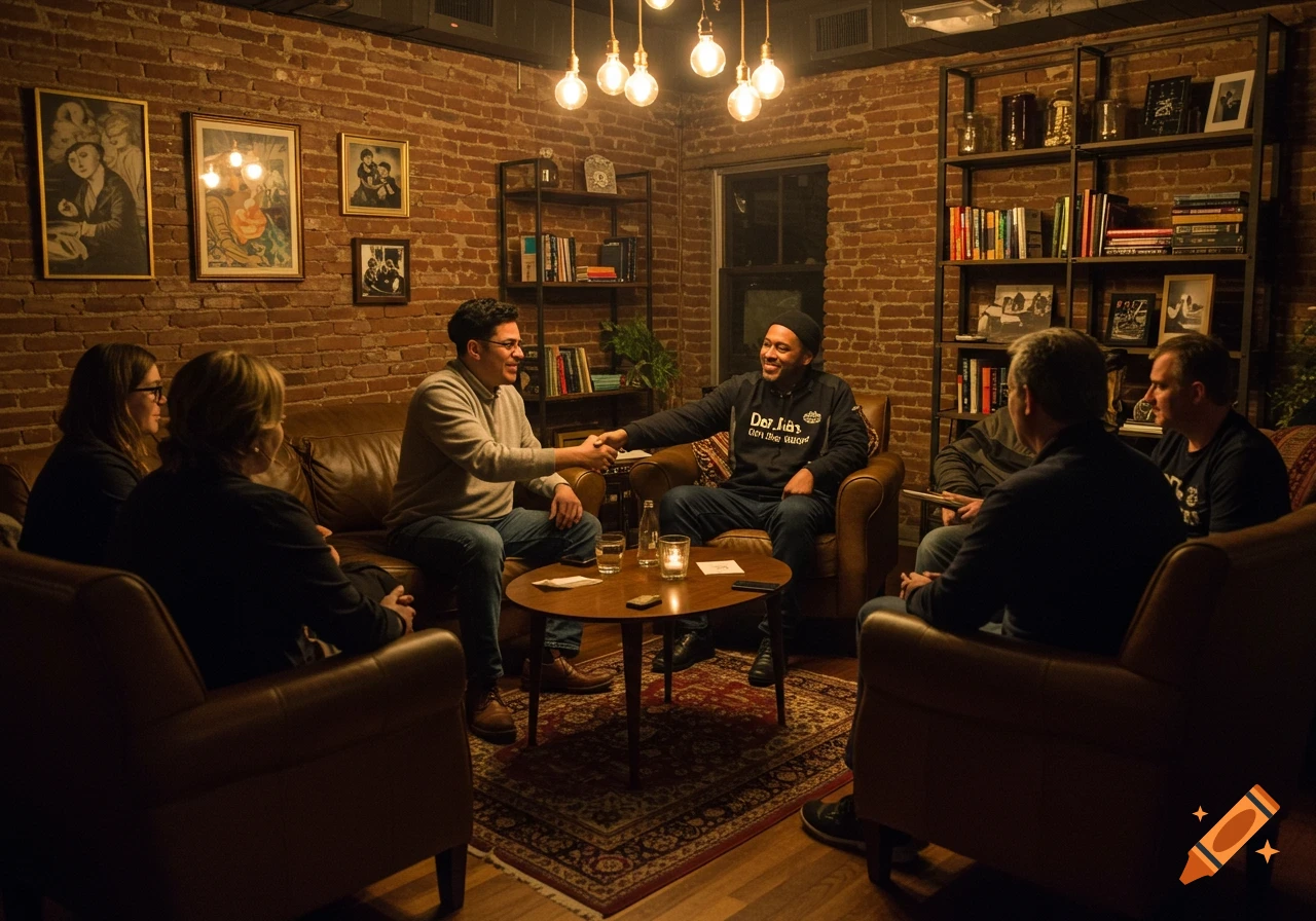 A group of people gathers in a warmly lit, brick-walled room, two men shaking hands across a coffee table.