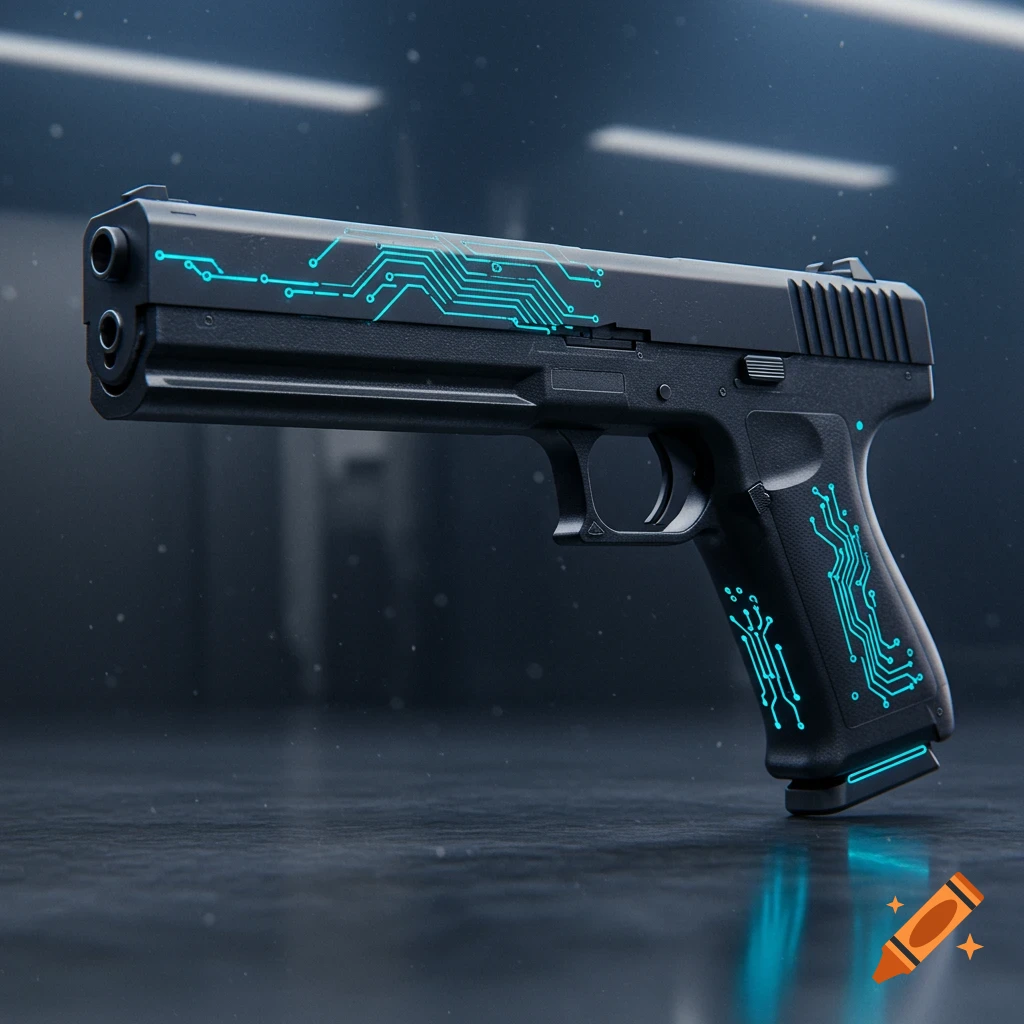 A black futuristic semi-automatic pistol with glowing blue circuitry patterns on its slide and grip, resting on a dark surface.