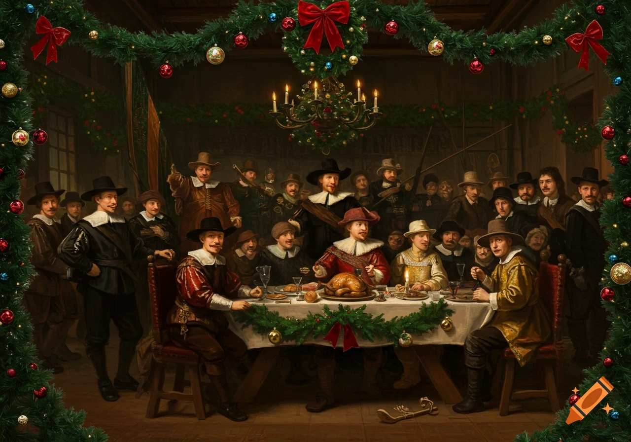 Painting of men in 17th-century attire feasting at a long table decorated with Christmas garlands, reminiscent of Dutch Golden Age portraiture.