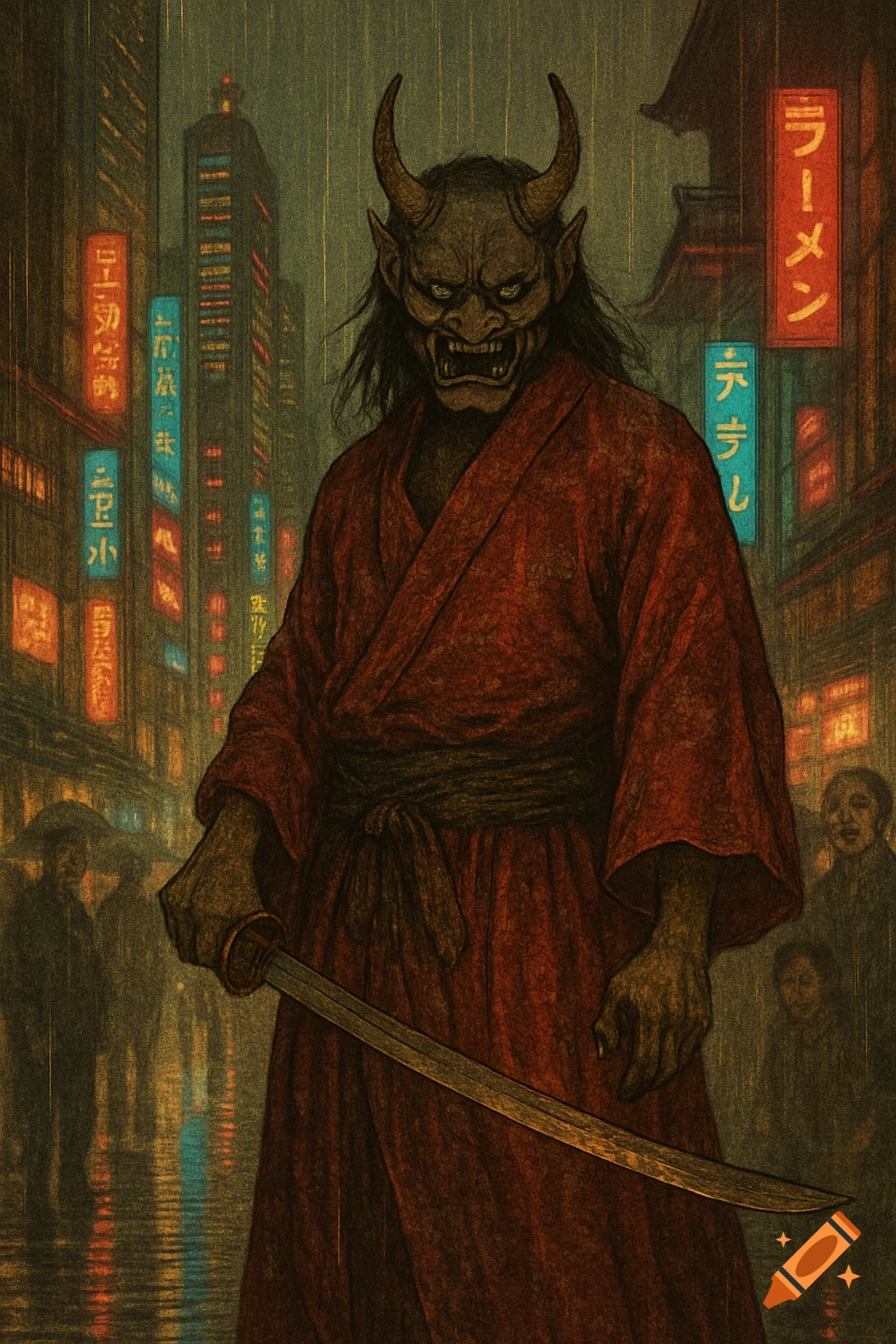 A masked Japanese demon in a red kimono holds a katana in a rainy, neon-lit neo-futuristic Tokyo street, in the style of a darkened drawing.