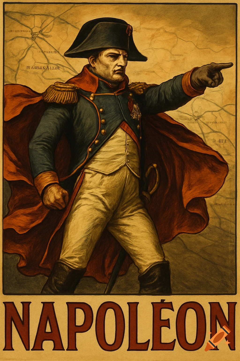 Vintage poster of Napoleon Bonaparte in military uniform, pointing forward, with 'NAPOLÉON' text at the bottom and a map background.
