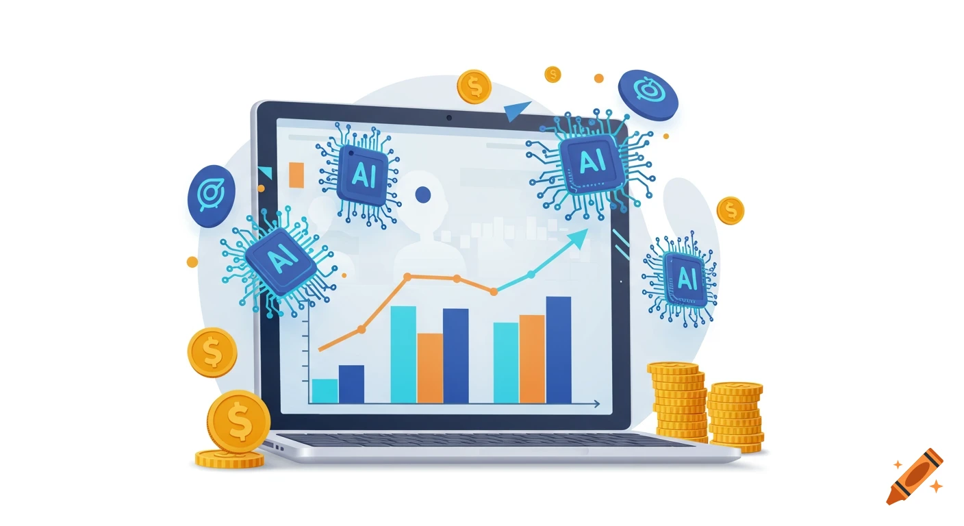 Digital illustration of a laptop with AI chips, rising financial charts, and gold coins, symbolizing AI-driven online earnings.