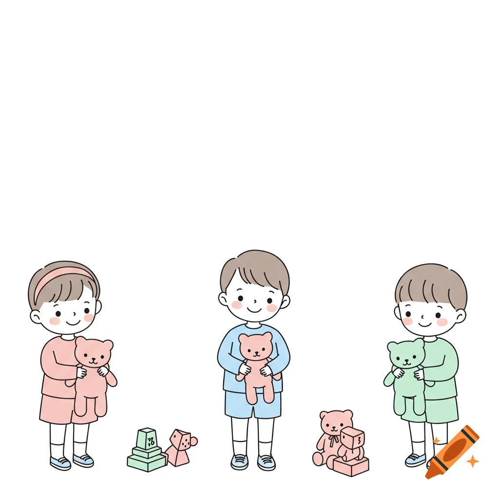 Minimalist illustration of three children in pastel clothes, holding teddy bears, with building blocks and toys on a white background.