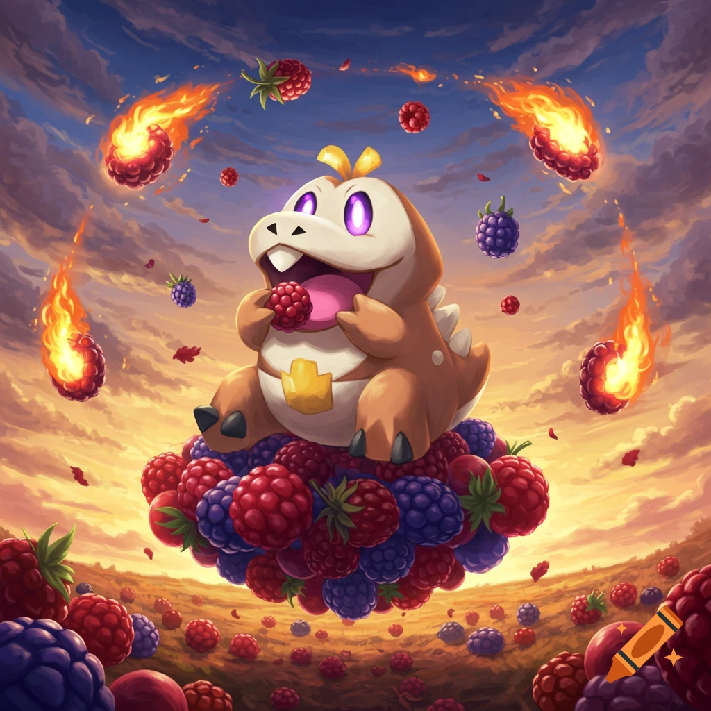 A cartoon Fuecoco Pok mon sits on a floating berry pile, eating a berry, with flaming berries and a sunset sky.