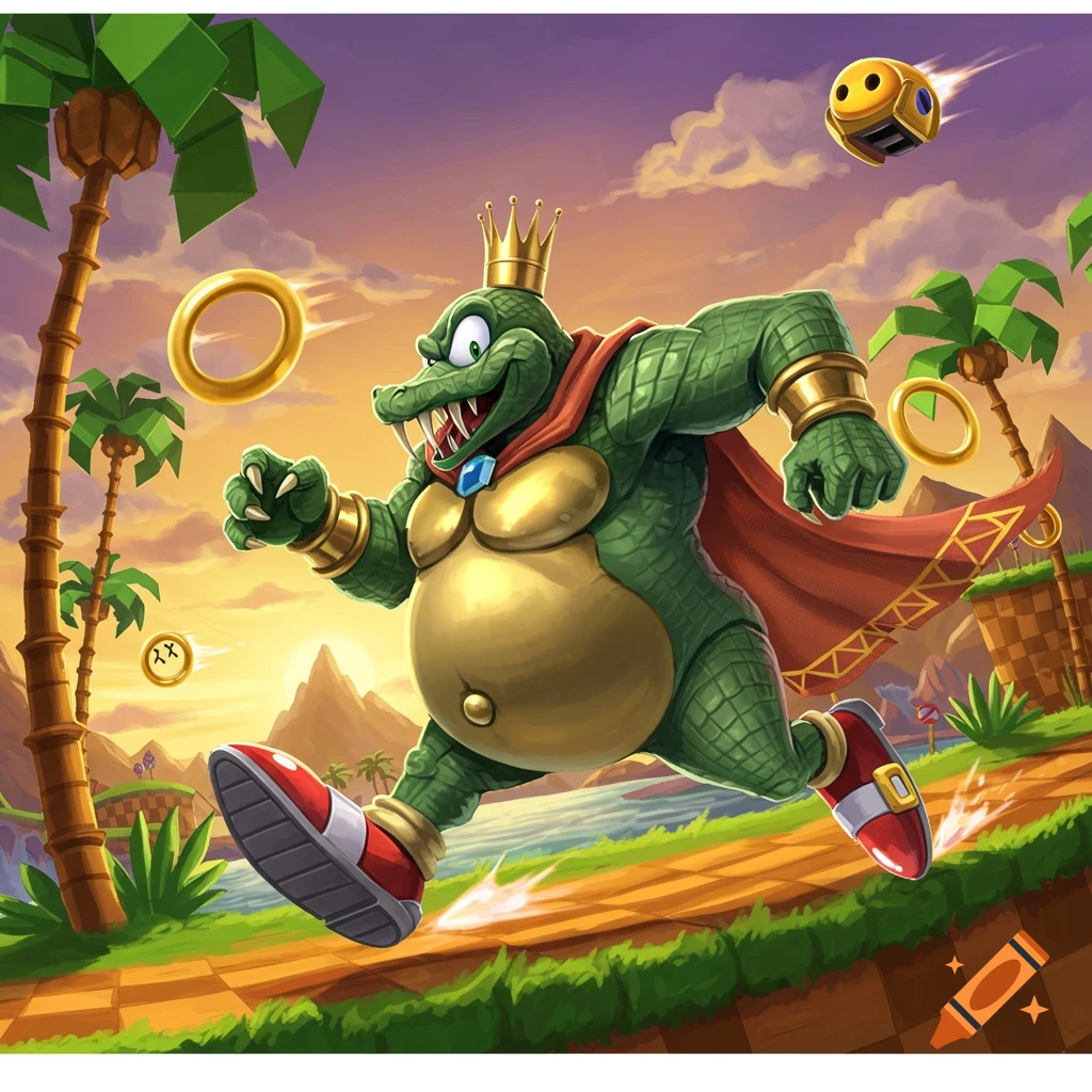 King K. Rool, as a green crocodile king with a crown and red cape, runs on a checkered path in a Sonic-style landscape with palm trees and golden rings.