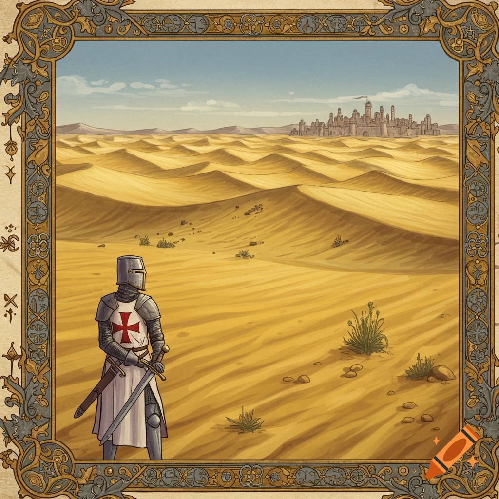 A crusader in armor stands in a desert, looking at a distant city, framed in an illuminated manuscript style.