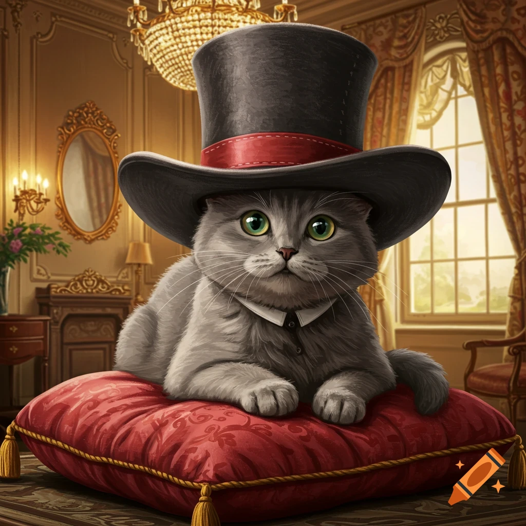 A fluffy grey cat with green eyes wears a black top hat with a red ribbon and a white collar, sitting on a red velvet cushion in a fancy room.