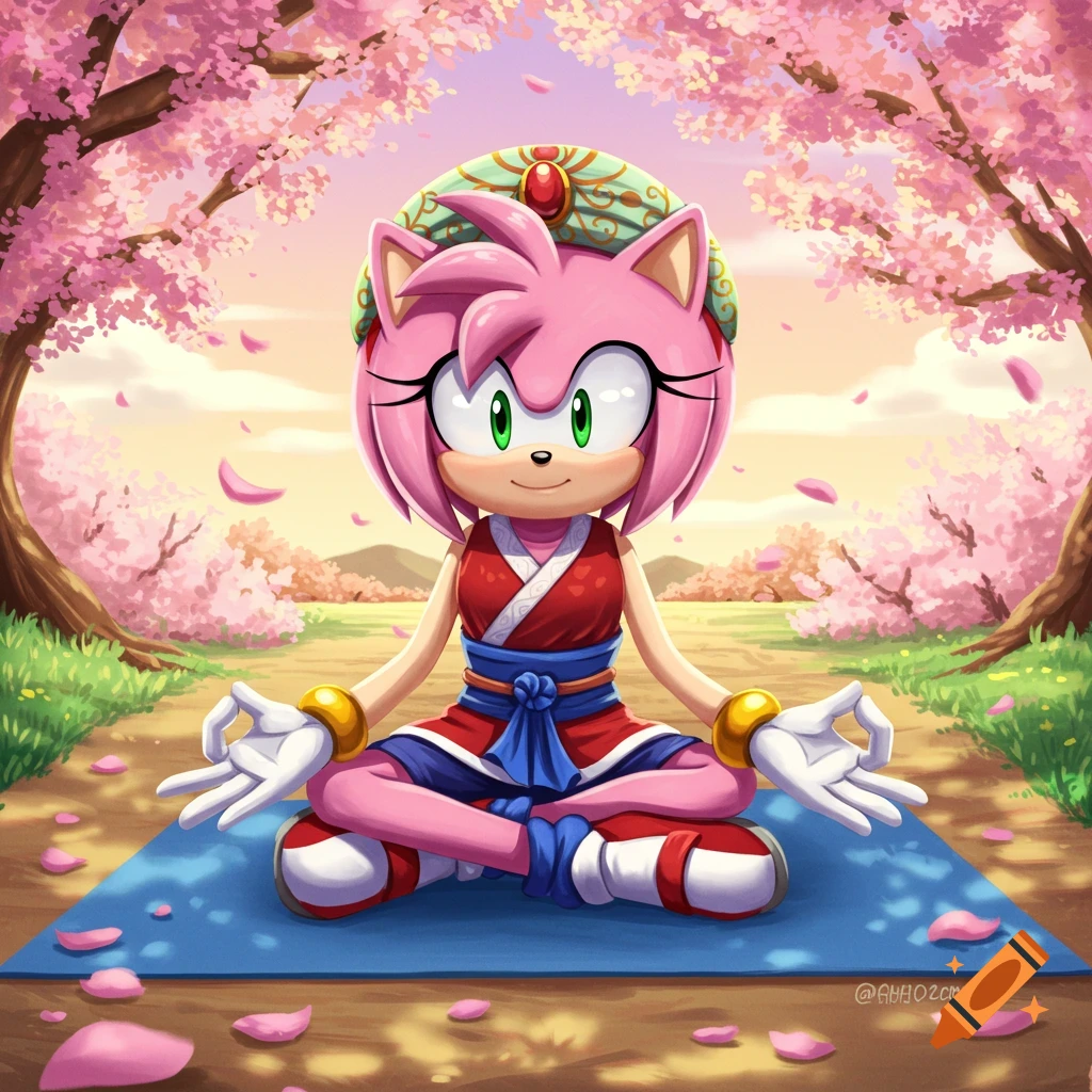 Amy Rose from Sonic the Hedgehog meditates on a blue yoga mat under pink cherry blossom trees, anime style.