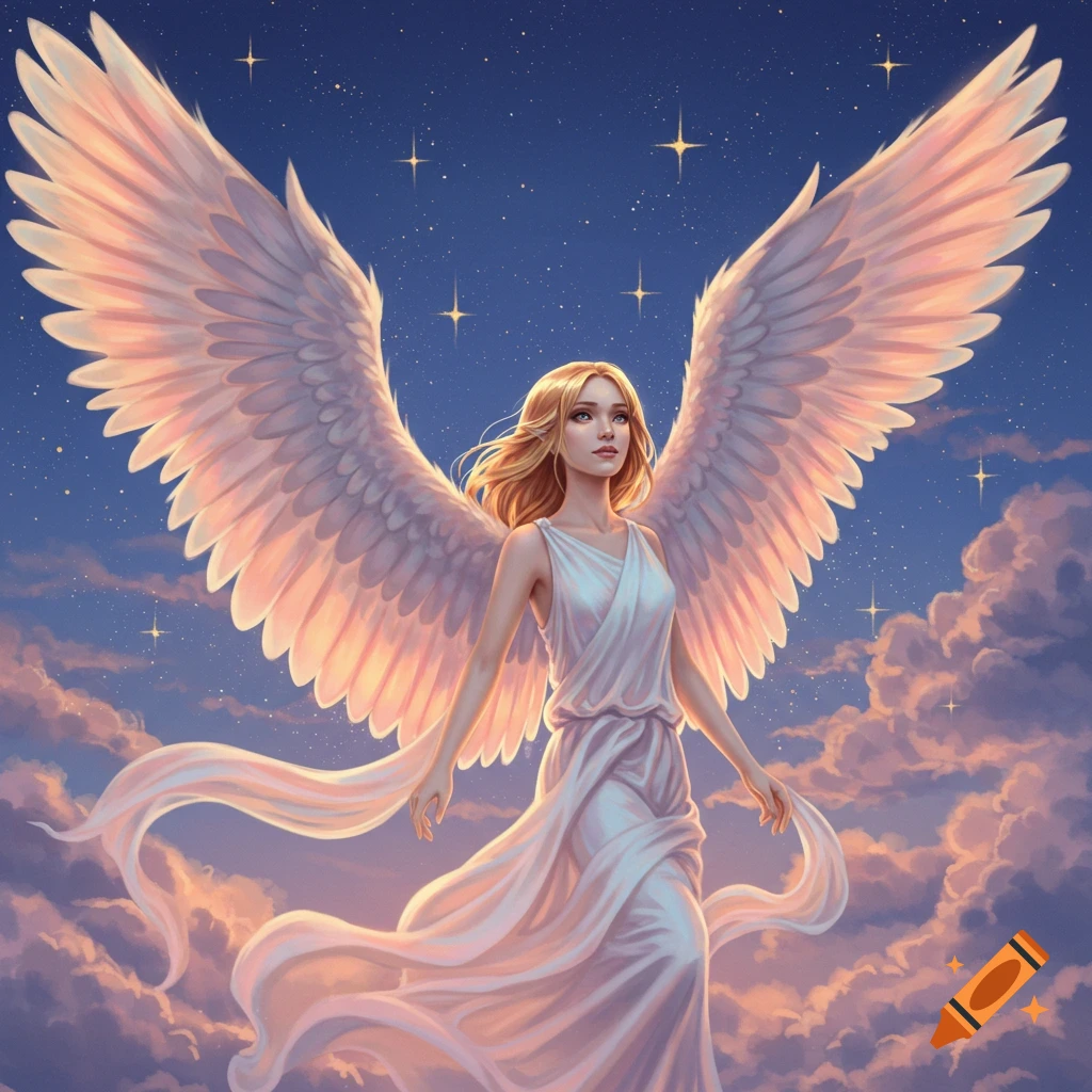 A blonde angel with large white wings and a flowing white gown stands amidst glowing clouds under a starry blue sky.