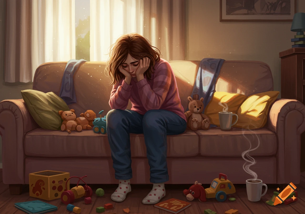 Exhausted woman with head in hands sitting on a cluttered living room couch with scattered toys, digital illustration.