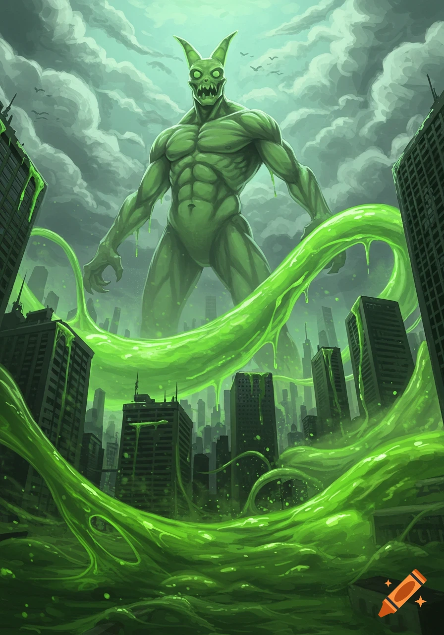 A giant green monster with horns and glowing eyes looms over a city, covering buildings in thick green slime under a cloudy sky.