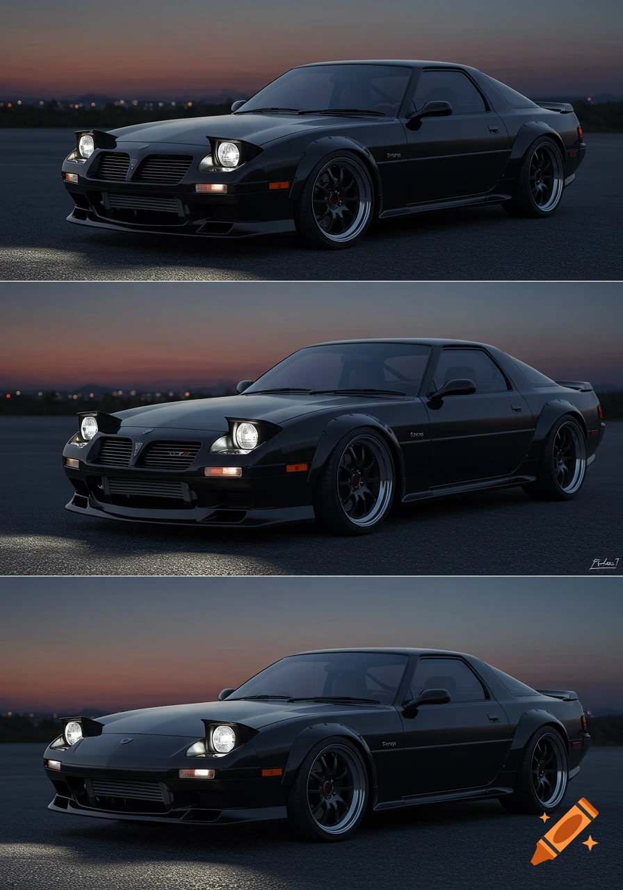 A black customized sports car, a mix of RX7 FB and Pontiac Firebird, parked on asphalt at dusk. Photorealistic.